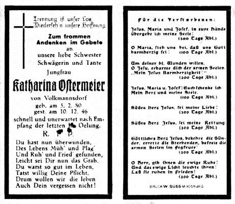 Sterbebildchen Katharina Ostermeier, *05.02.1880 †10.12.1946