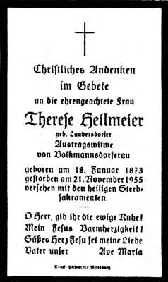 Sterbebildchen Therese Heilmeier, *18.01.1873 †21.11.1955