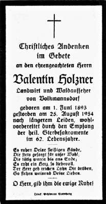 Sterbebildchen Valentin Holzner, *01.06.1893 †25.08.1954