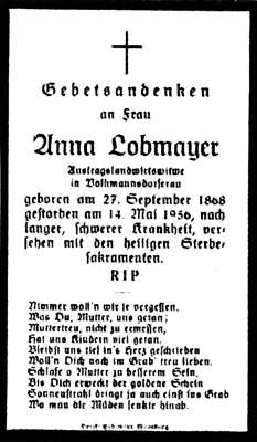 Sterbebildchen Anna Lobmayer, *27.09.1868 †14.05.1956