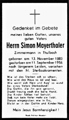 Sterbebildchen Simon Mayerthaler, *13.11.1885 †11.09.1956
