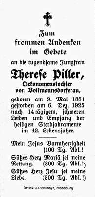 Sterbebildchen Therese Piller, *09.05.1881 †06.12.1925