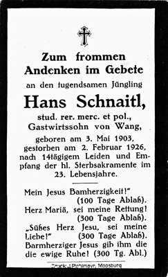 Sterbebildchen Hans Schnaitl, *03.05.1903 †02.02.1926