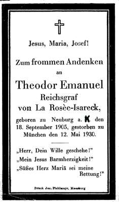 Sterbebildchen Theodor Emanuel Reichsgraf von La Rose-Isareck, *18.09.1905 †12.05.1930