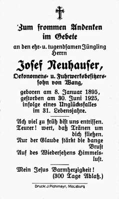 Sterbebildchen Josef Neuhauser, *08.01.1895 †30.06.1925