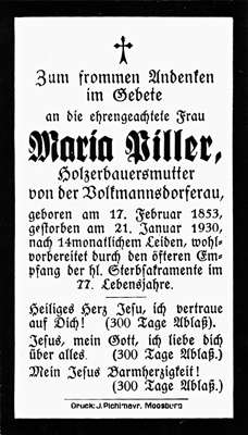 Sterbebildchen Maria Piller, *17.02.1853 †21.01.1930