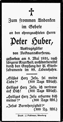 Sterbebildchen Peter Huber, *1842 †08.05.1931