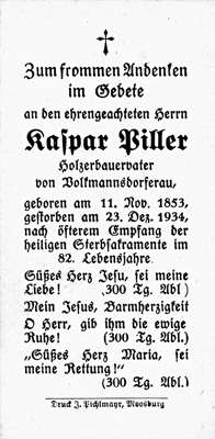Sterbebildchen Kaspar Piller, *11.11.1853 †23.12.1934