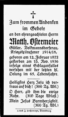 Sterbebildchen Matth. Ostermeier, *12.02.1872 †15.11.1936