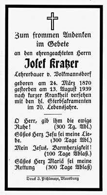 Sterbebildchen Josef Kratzer, *24.03.1870 †13.08.1939