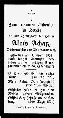 Sterbebildchen Alois Achatz, *1851 †05.04.1939