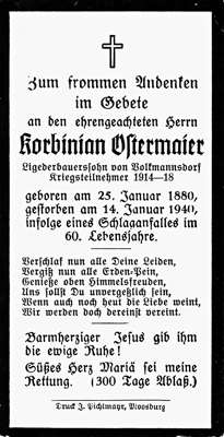 Sterbebildchen Korbinian Ostermaier, *25.01.1880 †14.01.1940