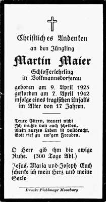 Sterbebildchen Martin Maier, *09.04.1925 †07.04.1942