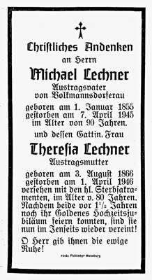 Sterbebildchen Michael u. Theresia Lechner, *01.01.1855 †07.04.1945 u. *03.08.1866 †01.04.1946