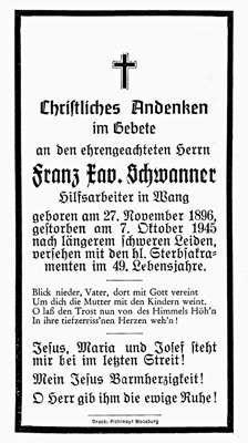 Sterbebildchen Franz Xaver Schwanner, *27.11.1896 †07.10.1945
