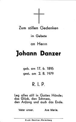 Sterbebildchen Johann Danzer, *17.06.1895 †02.08.1979