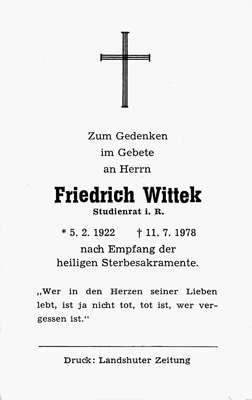 Sterbebildchen Friedrich Wittek, *05.02.1922 †11.07.1978