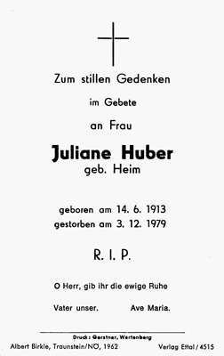 Sterbebildchen Juliane Huber, *14.06.1913 †03.12.1979