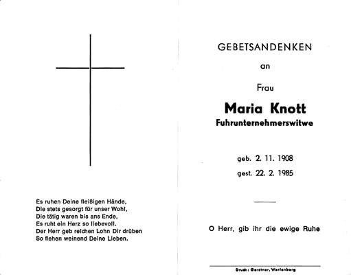 Sterbebildchen Maria Knott, *02.11.1908 †22.02.1985