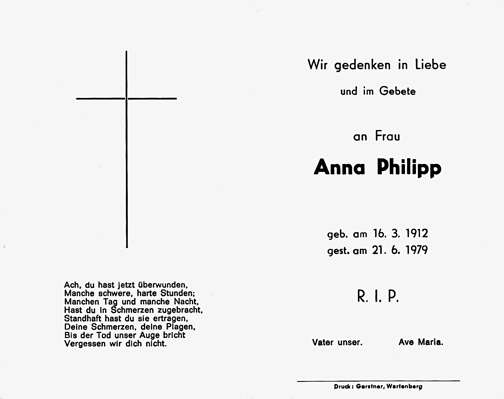 Sterbebildchen Anna Philipp, *16.03.1912 †21.06.1979