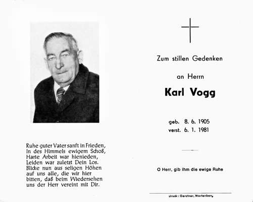 Sterbebildchen Karl Vogg, *08.06.1905 †06.01.1981