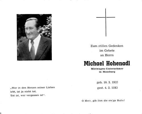 Sterbebildchen Michael Hohenadl, *10.03.1900 †04.02.1980