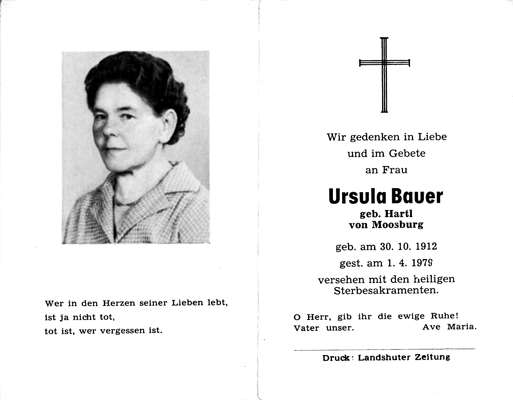 Sterbebildchen Ursula Bauer, *30.10.1912 †01.04.1979