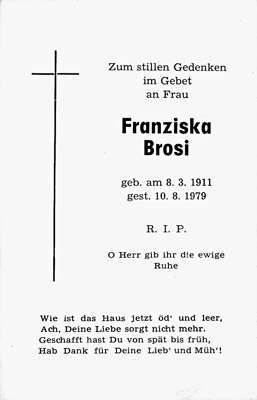 Sterbebildchen Franziska Brosi, *08.03.1911 †10.08.1979