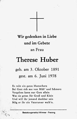 Sterbebildchen Therese Huber, *03.10.1891 †06.06.1978