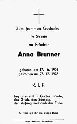 Sterbebildchen Anna Brunner, *17.06.1901 †27.12.1978