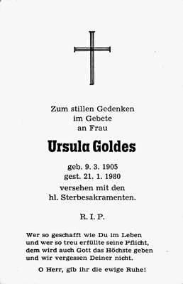 Sterbebildchen Ursula Goldes, *09.03.1905 †21.01.1980