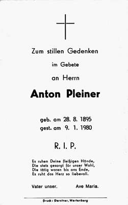 Sterbebildchen Anton Pleiner, *28.08.1895 †09.01.1980