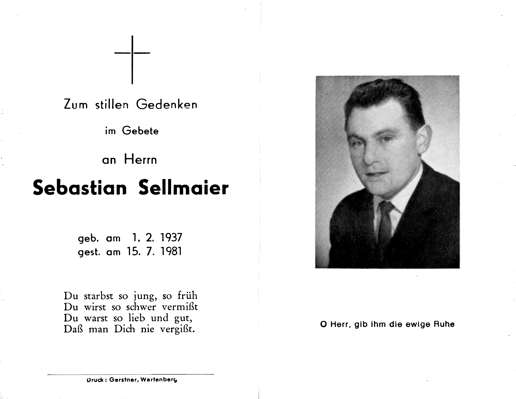 Sterbebildchen Sebastian Sellmaier, *01.02.1937 †15.07.1981