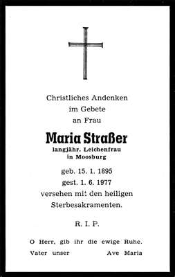 Sterbebildchen Maria Straer, *15.01.1895 †01.06.1977