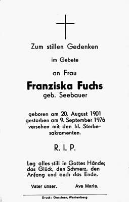 Sterbebildchen Franziska Fuchs, *20.08.1901 †09.09.1976