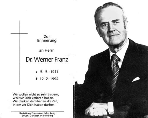 Sterbebildchen Dr. Werner Franz, *05.05.1911 †12.02.1994