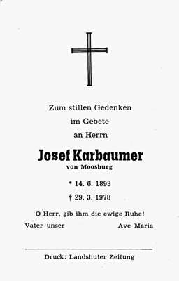 Sterbebildchen Josef Karbaumer, *14.06.1893 †29.03.1978