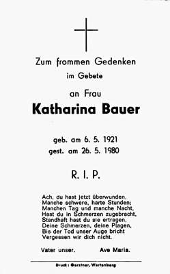 Sterbebildchen Katharina Bauer, *06.05.1921 †25.05.1980