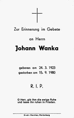 Sterbebildchen Johann Wanka, *24.03.1923 †15.09.1980