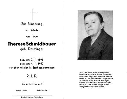 Sterbebildchen Therese Schmidbauer, *07.01.1896 †04.01.1980