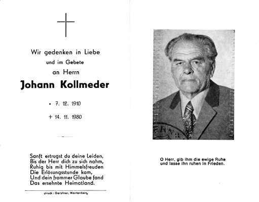 Sterbebildchen Johann Kollmeder, *07.12.1910 †14.11.1980