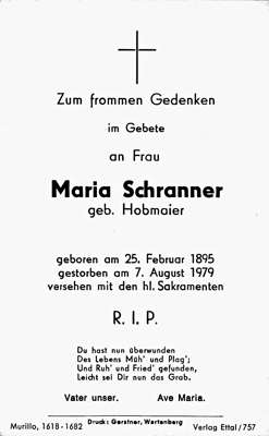 Sterbebildchen Maria Schranner, *25.02.1895 †07.08.1979