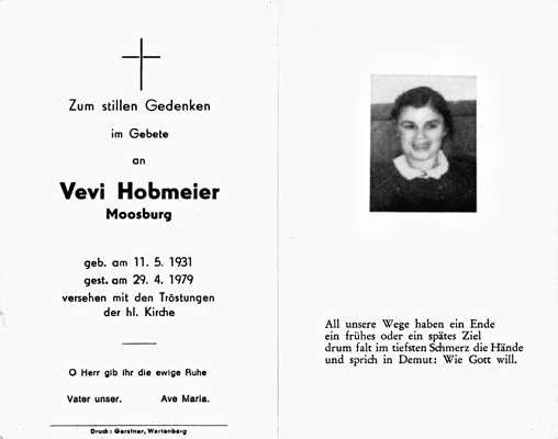 Sterbebildchen Vevi Hobmeier, *11.05.1931 †29.04.1979