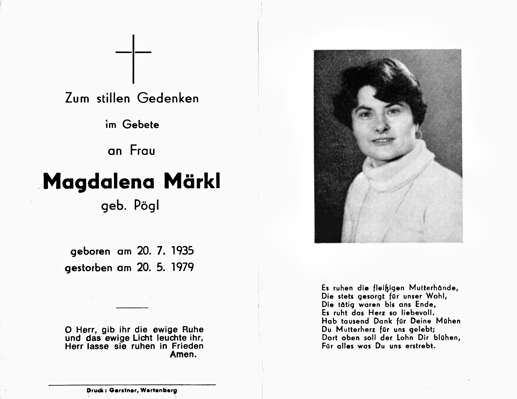 Sterbebildchen Magdalena Mrkl, *20.07.1935 †20.05.1979