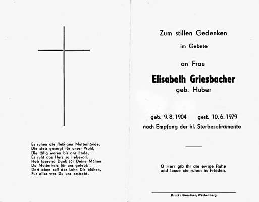 Sterbebildchen Elisabeth Griesbacher, *09.08.1904 †10.06.1979