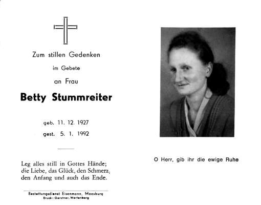 Sterbebildchen Betty Stummreiter, *11.12.1927 †05.01.1992
