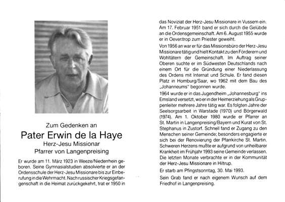 Sterbebildchen Pater Erwin de la Haye, *11.03.1923 †30.05.1993