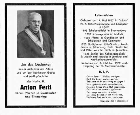 Sterbebildchen H.H. Anton Fertl, *14.05.1867 †02.10.1952