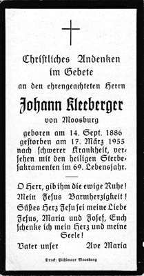 Sterbebildchen Johann Kleeberger, *14.09.1886 †17.03.1955