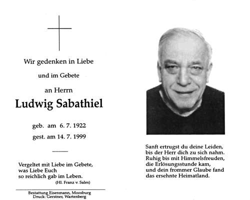 Sterbebildchen Ludwig Sabathiel, *06.07.1922 †14.07.1999